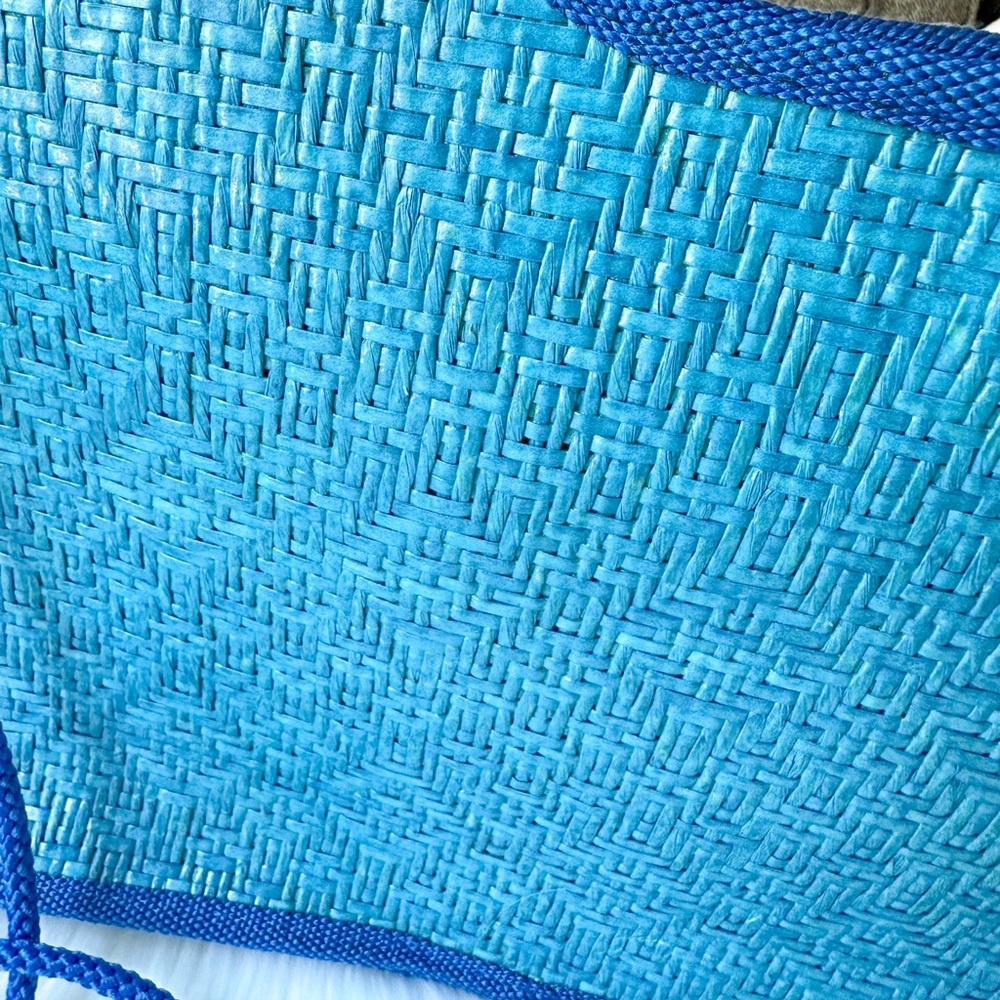 Vintage Vanessa Wicker Woven Purse Blue Half Circle Moon Beach Bag Tote Clutch - Picture 7 of 8